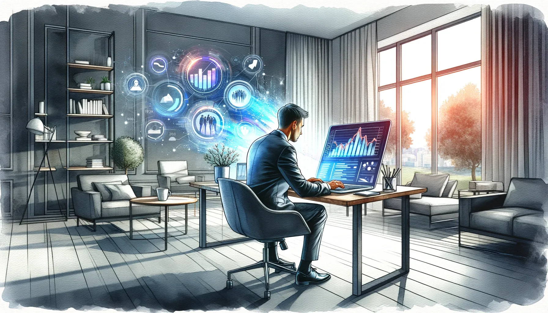 man building an affiliate website in his office